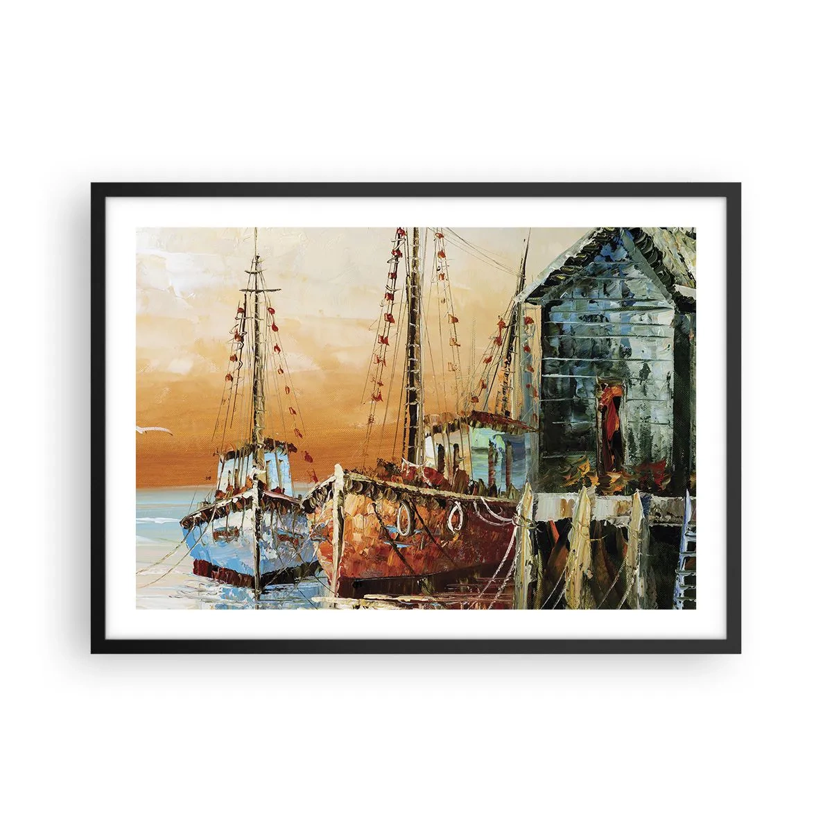 Póster en marco negro - Barcos en la orilla bajo la cálida luz del atardecer. - 70x50cm - Regreso pacífico - Decoración de pared moderna para salón y dormitorio ARTTOR