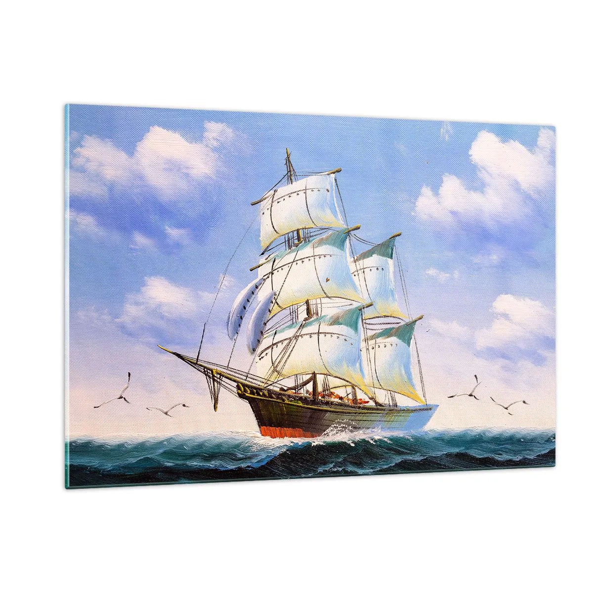 Cuadro sobre vidrio - Impresiones sobre Vidrio - Un velero en alta mar bajo un cielo azul. - 120x80cm - Orgulloso con el viento - Decoración de pared moderna para salón y dormitorio ARTTOR
