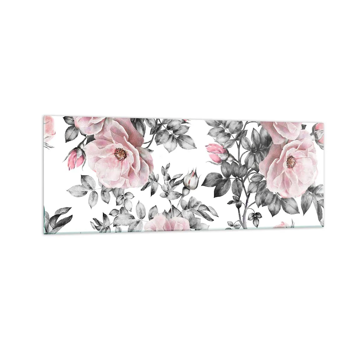 Cuadro sobre vidrio - Impresiones sobre Vidrio - Rosas rosas y hojas sobre un delicado fondo blanco y negro. - 140x50cm - Entre las rosas - Decoración de pared moderna para salón y dormitorio ARTTOR