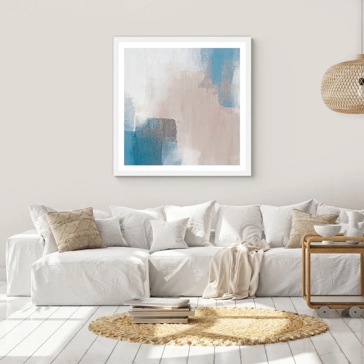 Póster en marco blanco - Abstracción rosa tras un velo azul - 30x30 cm