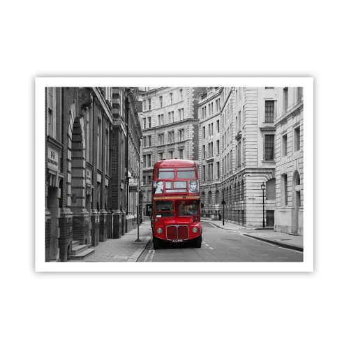 Póster - Un autobús rojo sobre un fondo de edificios de la ciudad en blanco y negro. - 100x70cm - La vida cotidiana no tiene por qué ser gris - Decoración de pared moderna para salón y dormitorio ARTTOR