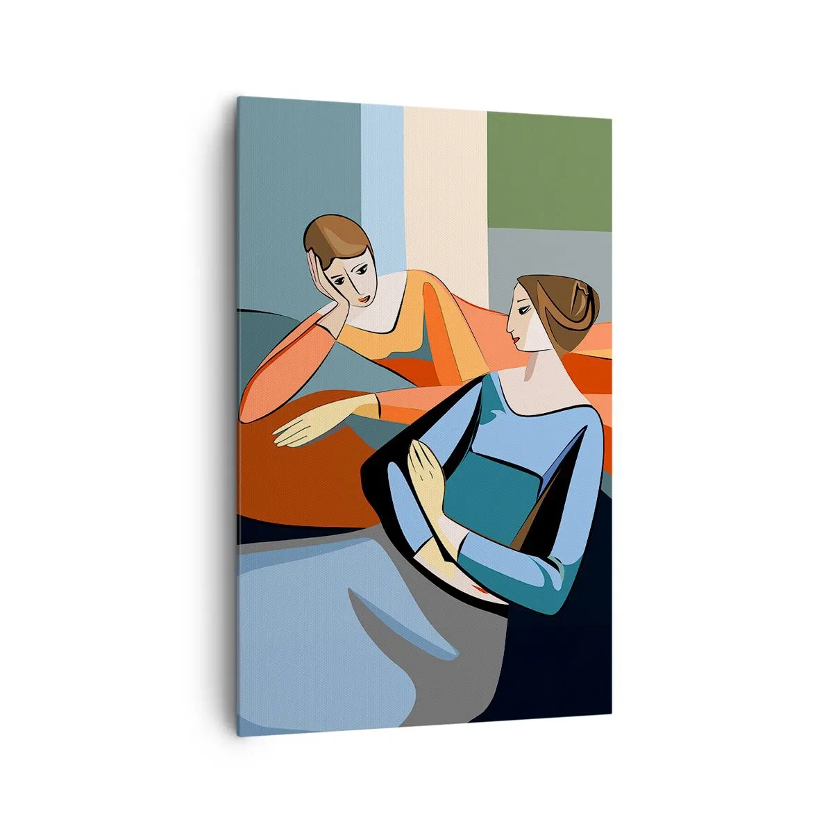 Cuadro sobre lienzo - Impresión de Imagen - Ilustración abstracta de dos mujeres en estilo cubista. - 80x120cm - Un momento de confidencias - Decoración de pared moderna para salón y dormitorio ARTTOR