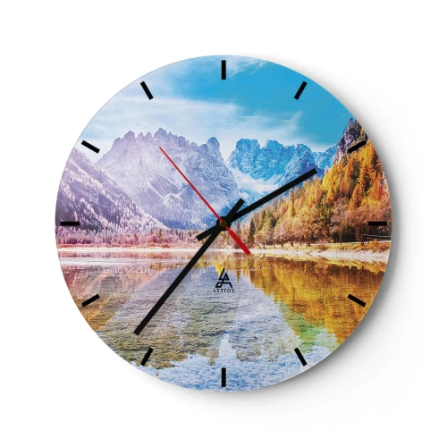 Reloj de pared - Reloj de vidrio - Un paisaje de montaña con un bosque otoñal reflejado en la superficie del lago. - 30x30cm - Ya es otoño en las montañas - Decoración de pared moderna para salón, cocina y dormitorio ARTTOR