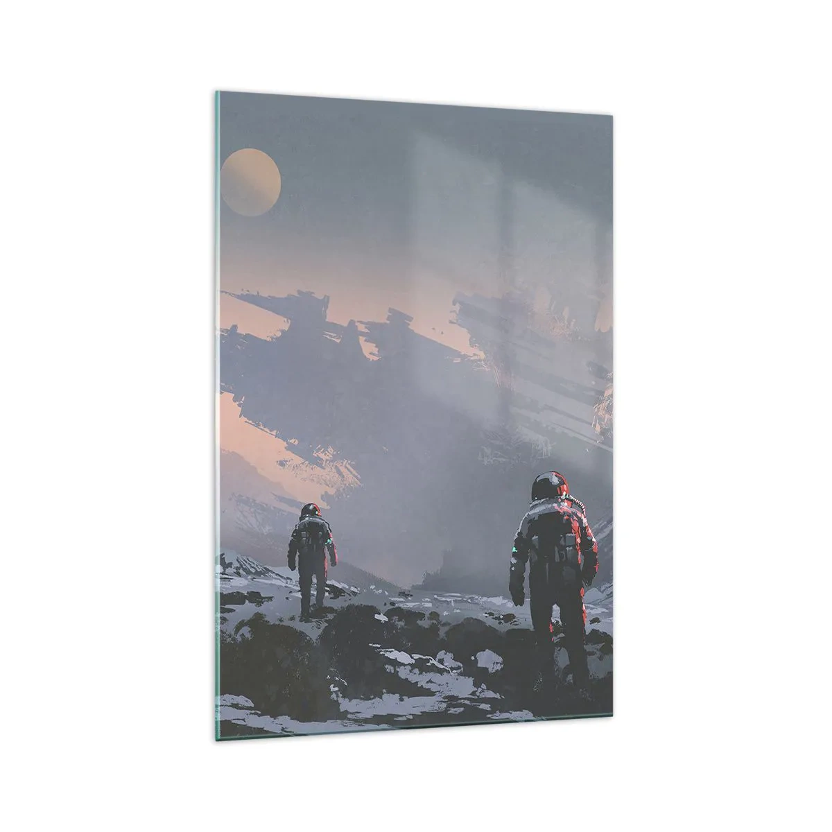 Cuadro sobre vidrio - Impresiones sobre Vidrio - Astronautas en un planeta alienígena con una nave espacial destrozada - 70x100cm - Bajo una estrella desconocida - Decoración de pared moderna para salón y dormitorio ARTTOR