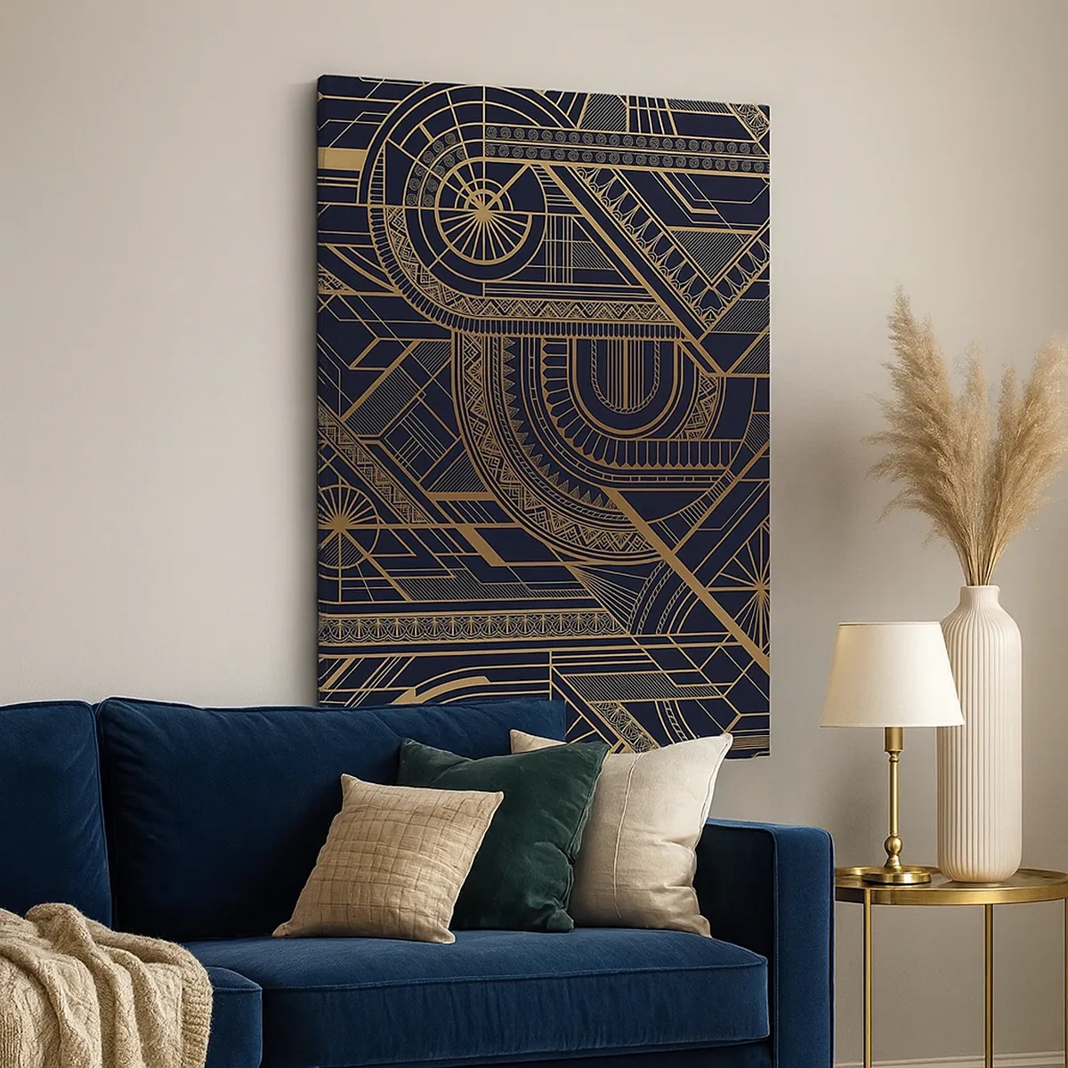 Cuadro sobre lienzo - Impresión de Imagen - Patrones geométricos dorados sobre fondo negro en estilo Art Déco - 50x70cm - Conceptos, ideas, planes - Decoración de pared moderna para salón y dormitorio ARTTOR