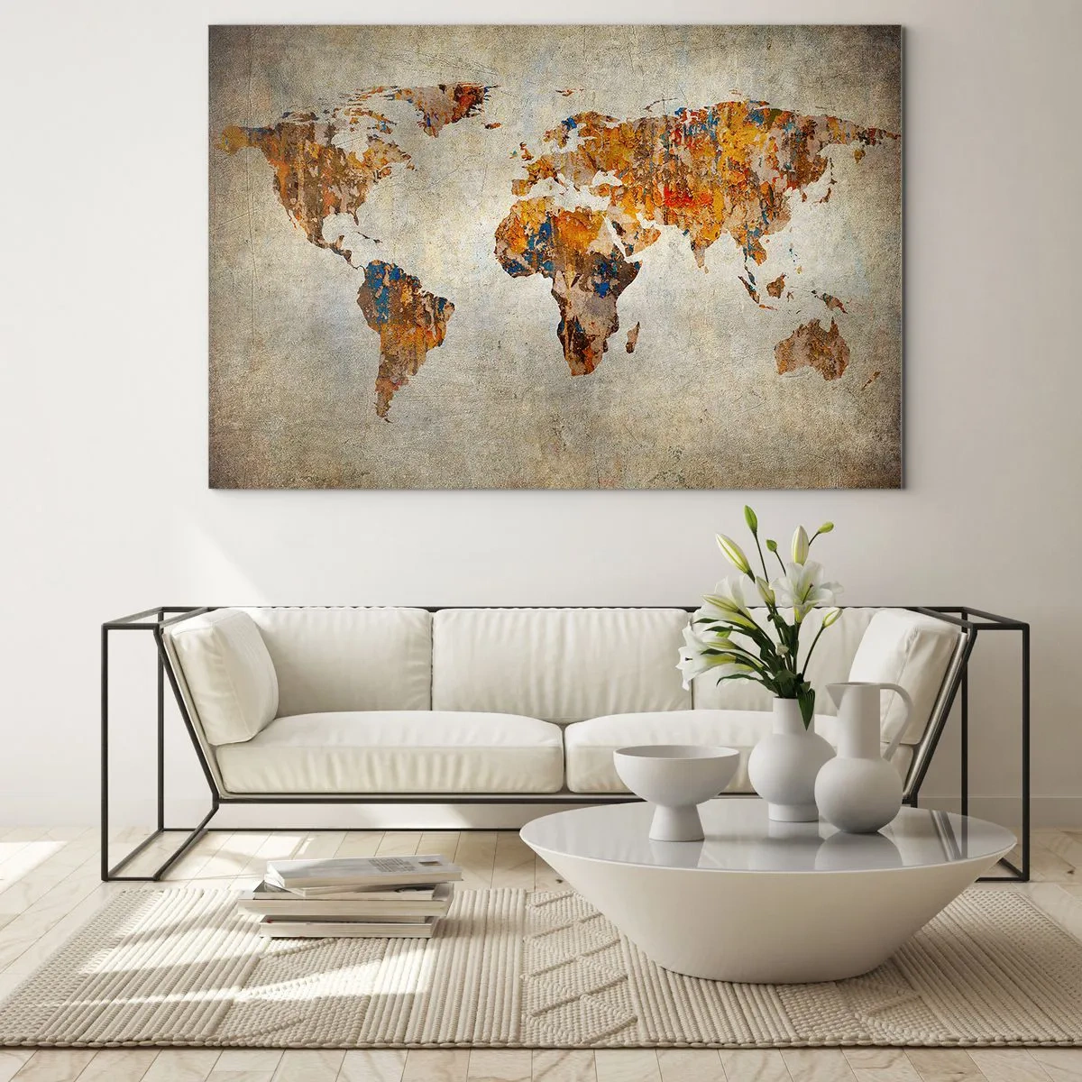 Cuadro sobre vidrio - Impresiones sobre Vidrio - Mapa artístico del mundo en tonos cálidos - 70x50cm - Un mundo verdaderamente grande - Decoración de pared moderna para salón y dormitorio ARTTOR