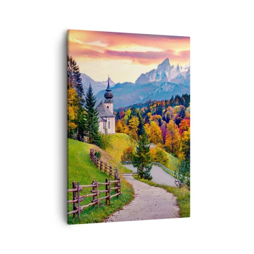 Cuadro sobre lienzo - Impresión de Imagen - Paisaje otoñal de montaña con capilla y puesta de sol. - 50x70cm - Paisaje como una pintura - Decoración de pared moderna para salón y dormitorio ARTTOR