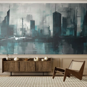 Fotomural Premium Canvas - Una ciudad moderna en tonos turquesa y gris. - 100x70cm - Ciudad color lluvia - Decoración de pared moderna para salón y dormitorio ARTTOR
