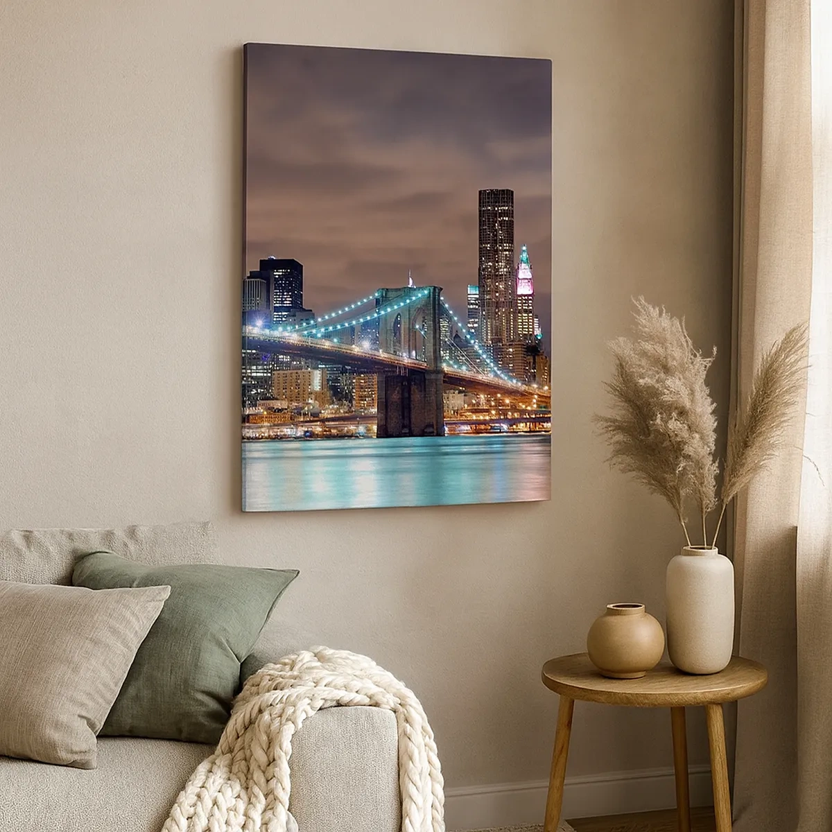 Cuadro sobre lienzo - Impresión de Imagen - El puente iluminado por la noche con el panorama de la ciudad moderna como telón de fondo. - 50x70cm - Las luces de la gran ciudad - Decoración de pared moderna para salón y dormitorio ARTTOR