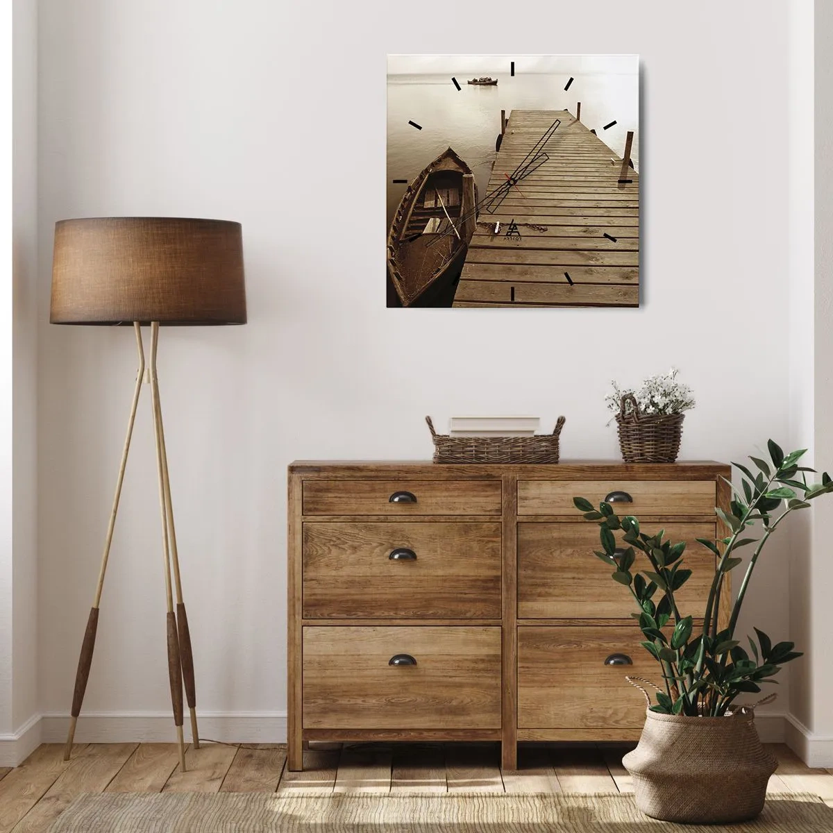 Reloj de pared - Reloj de vidrio - Muelle de madera y barco en un lago tranquilo - 30x30cm - La auténtica paz - Decoración de pared moderna para salón y dormitorio ARTTOR