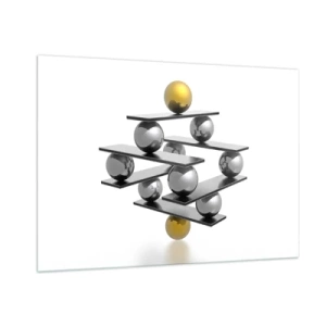 Cuadro sobre vidrio - Impresiones sobre Vidrio - Composición geométrica con bolas y plataformas sobre fondo blanco. - 100x70cm - Balance de oro y plata - Decoración de pared moderna para salón y dormitorio ARTTOR