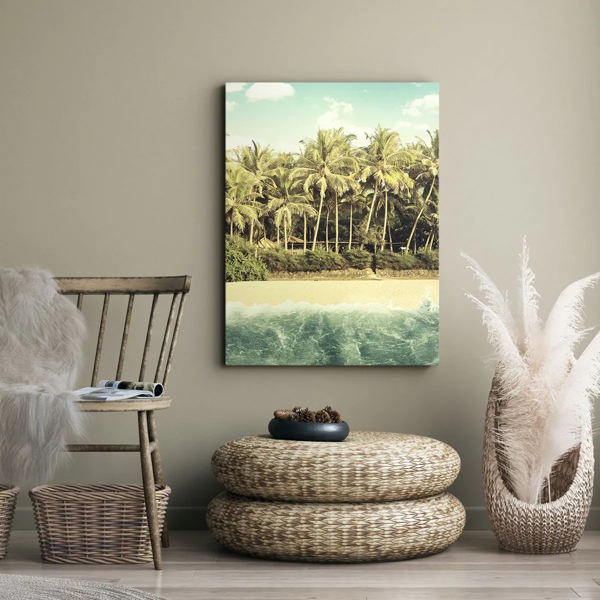 Cuadro sobre lienzo - Impresión de Imagen - Playa tropical con palmeras y mar turquesa. - 80x120cm - ¿Qué tal aquí? - Decoración de pared moderna para salón y dormitorio ARTTOR