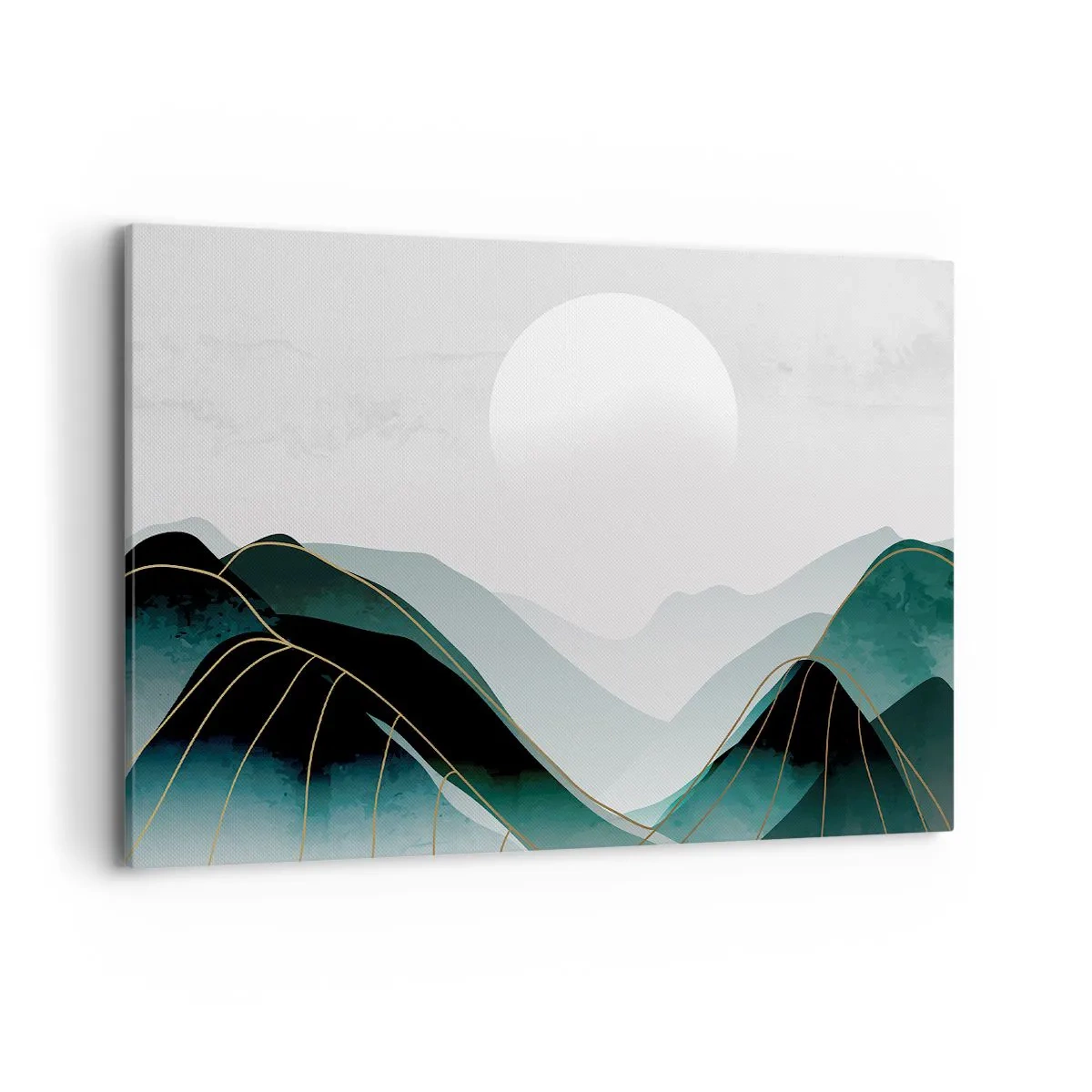 Cuadro sobre lienzo - Impresión de Imagen - Paisaje montañoso abstracto con la luna y líneas doradas. - 100x70cm - Con toda la majestuosidad - Decoración de pared moderna para salón y dormitorio ARTTOR