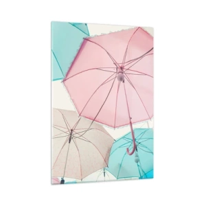 Cuadro sobre vidrio - Impresiones sobre Vidrio - Paraguas de colores flotando en el aire - 50x70cm - A veces el sol, a veces la lluvia - Decoración de pared moderna para salón y dormitorio ARTTOR