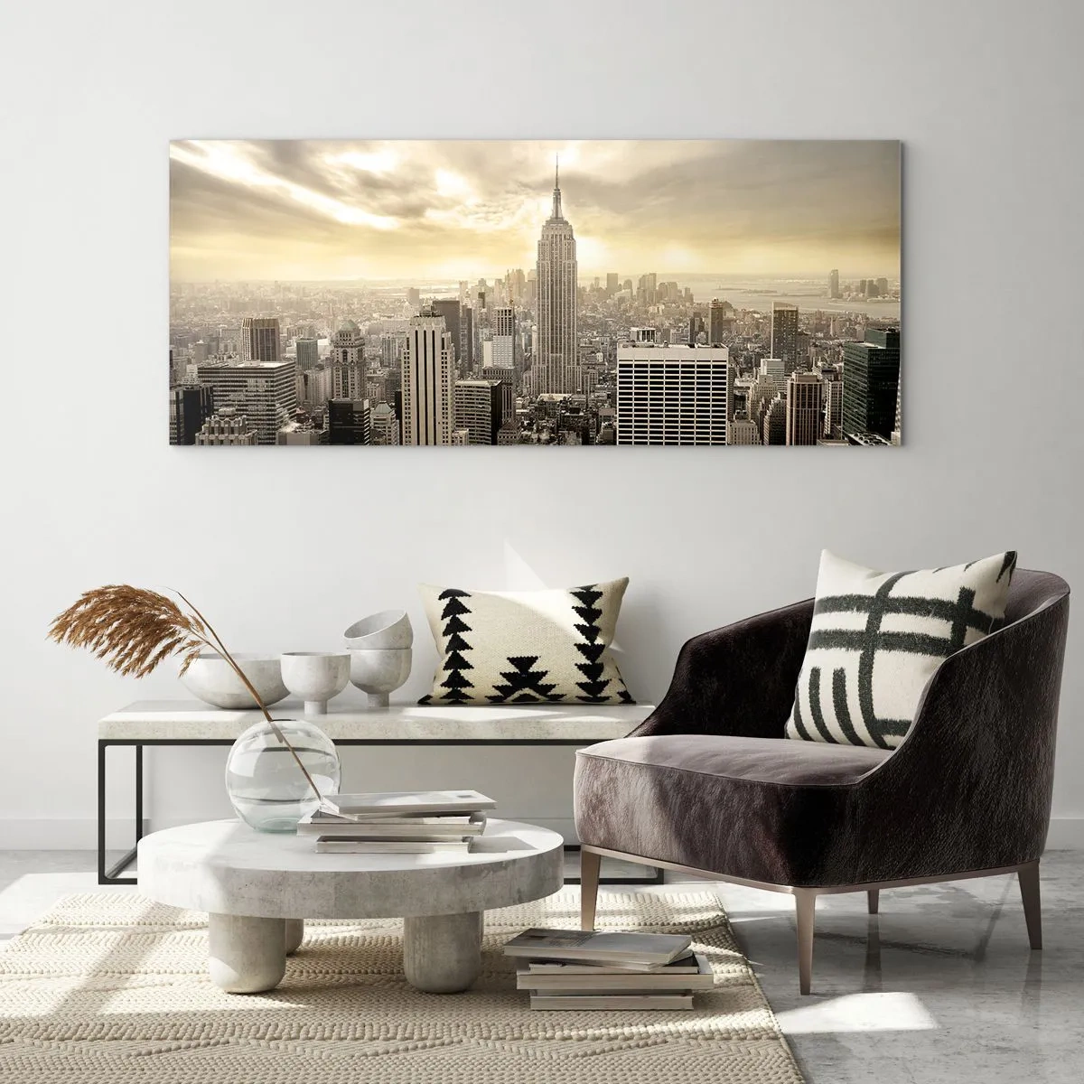Cuadro sobre vidrio - Impresiones sobre Vidrio - Panorama de la ciudad con vista al Empire State Building - 120x50cm - Tejido neoyorquino en tonos grises - Decoración de pared moderna para salón y dormitorio ARTTOR