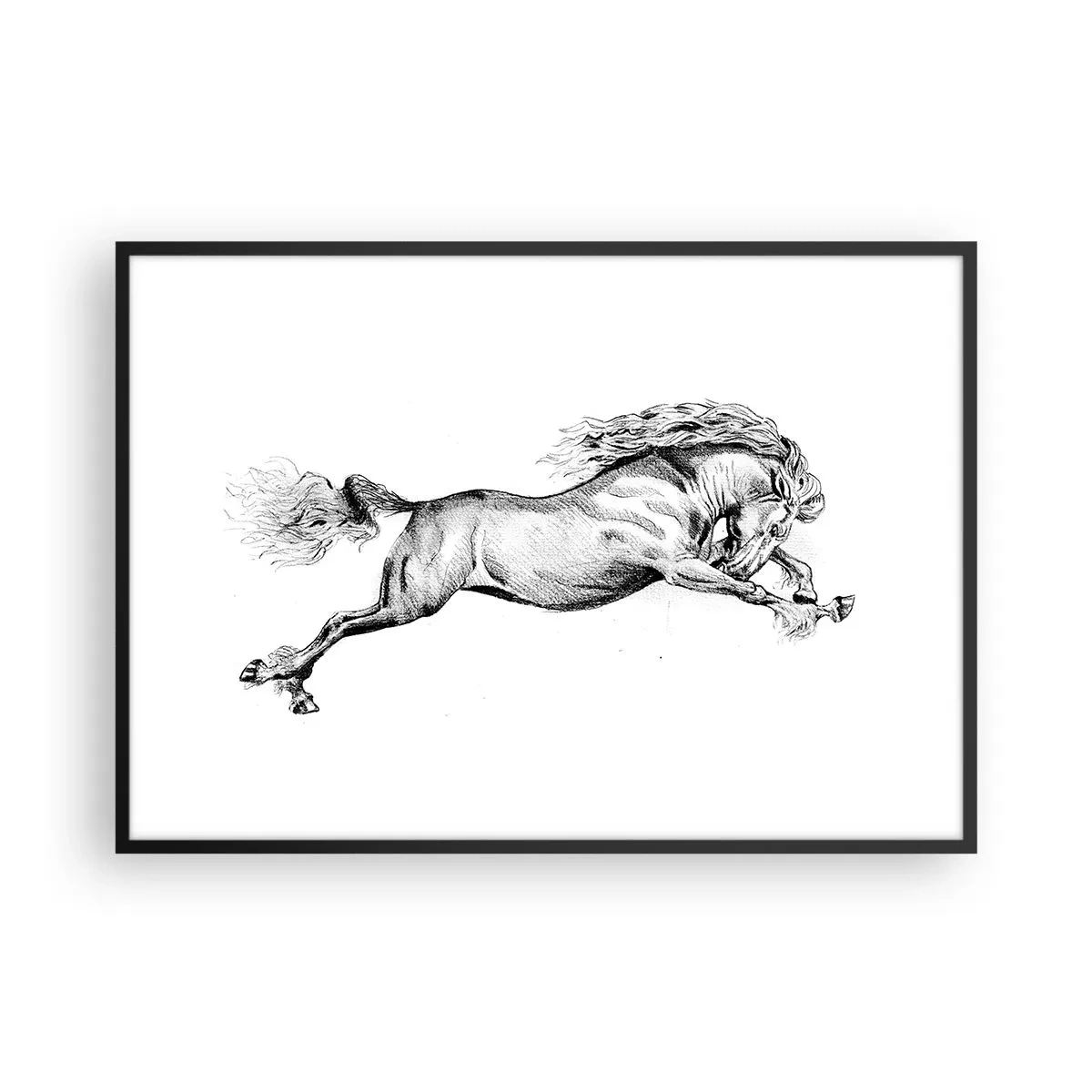 Póster en marco negro - Boceto de un caballo al galope dinámico sobre un fondo blanco. - 100x70cm - Captura al galope - Decoración de pared moderna para salón y dormitorio ARTTOR
