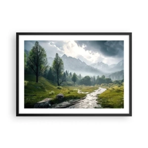Póster en marco negro - Un paisaje montañoso con un río y árboles rodeados de montañas brumosas. - 70x50cm - De ida y vuelta - Decoración de pared moderna para salón y dormitorio ARTTOR