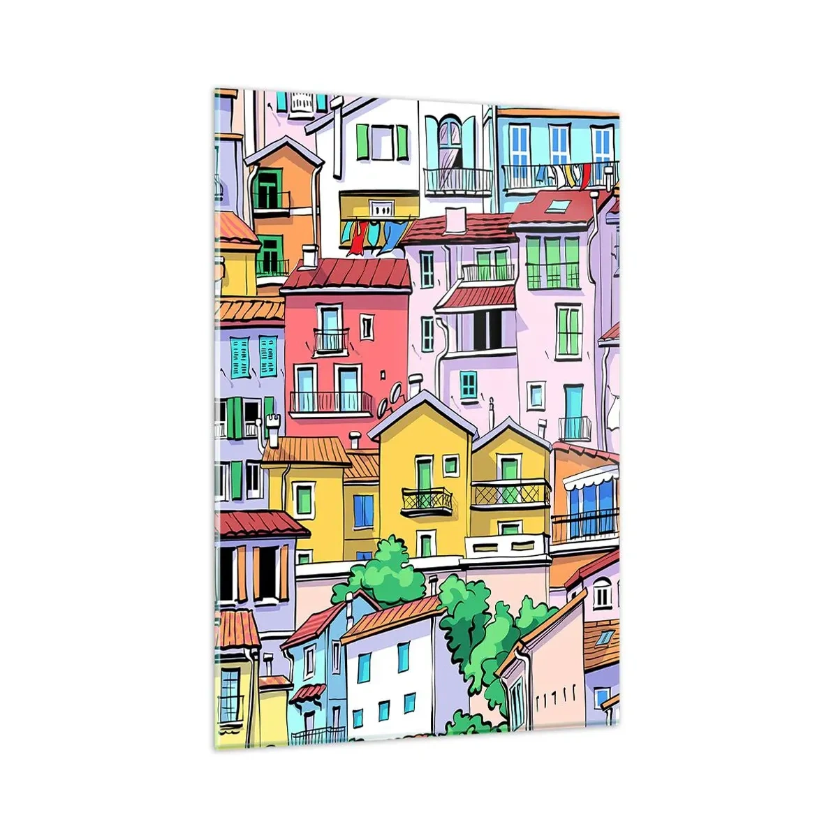 Cuadro sobre vidrio - Impresiones sobre Vidrio - Casas de vecindad coloridas en un estilo animado y alegre - 80x120cm - Ciudad alegre - Decoración de pared moderna para salón y dormitorio ARTTOR