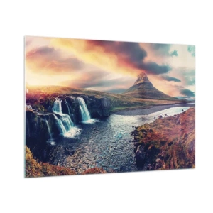 Cuadro sobre vidrio - Impresiones sobre Vidrio - Cascada y montaña al atardecer en el paisaje islandés - 100x70cm - En la majestuosidad de la naturaleza - Decoración de pared moderna para salón y dormitorio ARTTOR