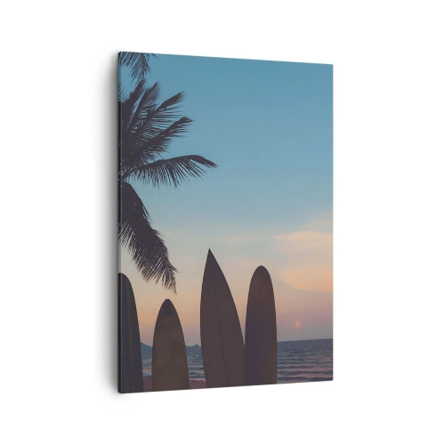 Cuadro sobre lienzo - Impresión de Imagen - Tablas de surf con una palmera y una puesta de sol como telón de fondo - 50x70cm - Mañana también disfrutaremos - Decoración de pared moderna para salón y dormitorio ARTTOR