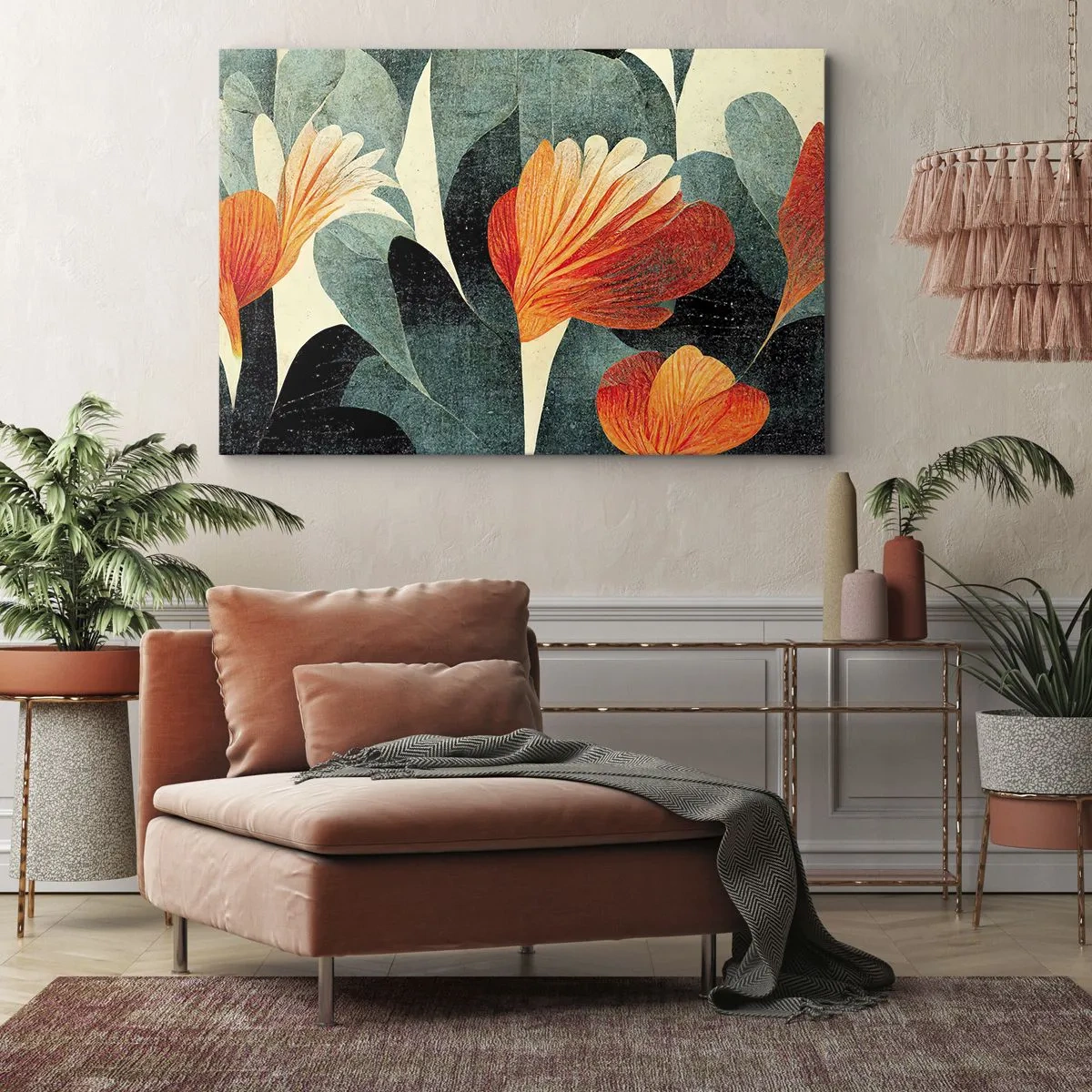 Cuadro sobre lienzo - Impresión de Imagen - Flores en tonos intensos de naranja y verde. - 70x50cm - El calor del trópico y el frescor del verdor - Decoración de pared moderna para salón y dormitorio ARTTOR