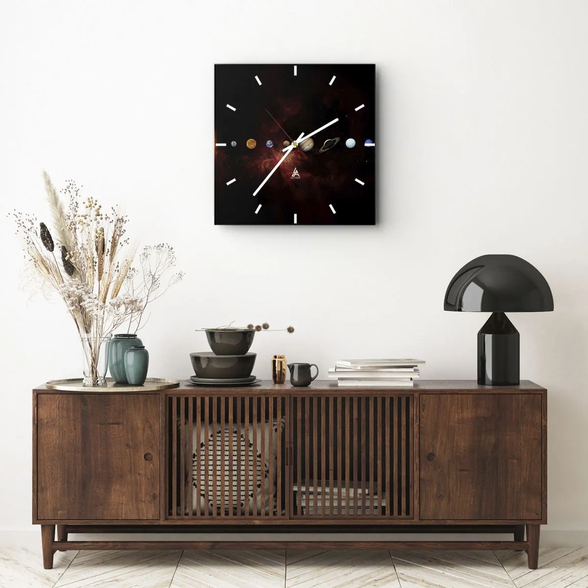 Reloj de pared - Reloj de vidrio - El sistema solar con planetas sobre el fondo del espacio. - 30x30cm - Nuestro barrio - Decoración de pared moderna para salón y dormitorio ARTTOR