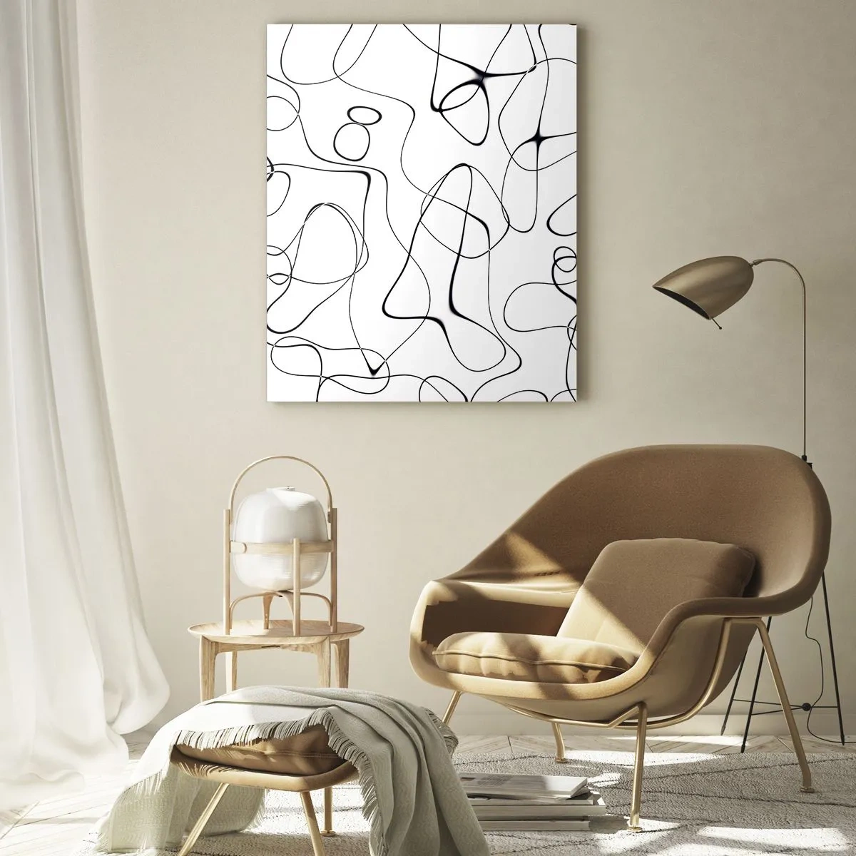 Cuadro sobre vidrio - Impresiones sobre Vidrio - Líneas negras abstractas sobre un fondo blanco - 50x70cm - Los caminos de la vida, las vicisitudes del destino - Decoración de pared moderna para salón y dormitorio ARTTOR