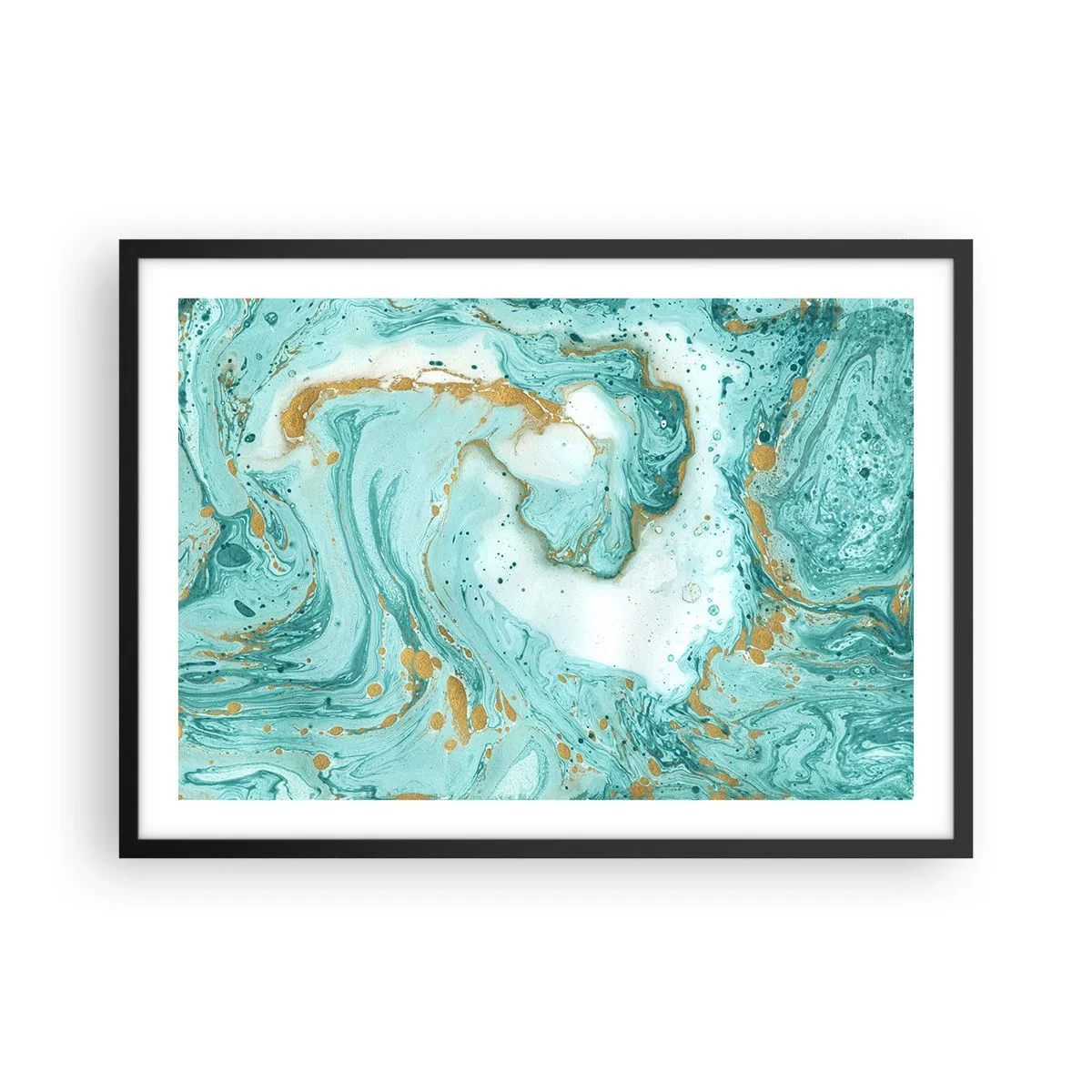 Póster en marco negro - Mármol turquesa con acentos dorados en una composición abstracta. - 70x50cm - Bajo la gran ola del periodo Edo - Decoración de pared moderna para salón y dormitorio ARTTOR