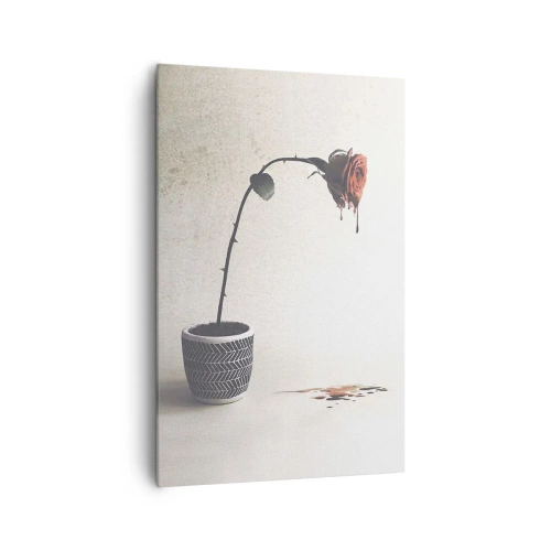 Cuadro sobre lienzo - Impresión de Imagen - Una rosa roja en una maceta con gotas de tinte sobre un fondo blanco. - 80x120cm - Rosa dolorosa - Decoración de pared moderna para salón y dormitorio ARTTOR