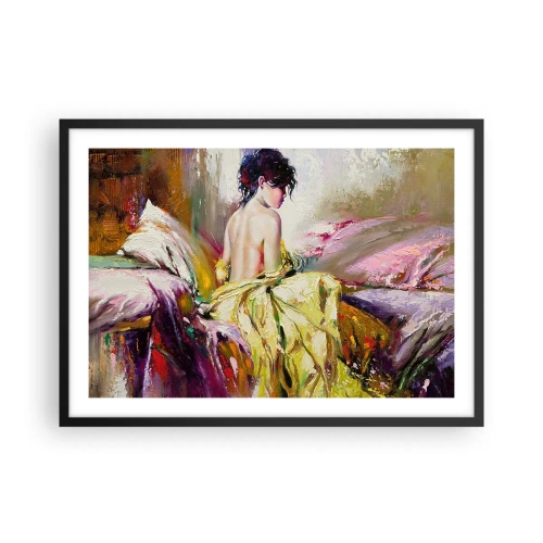 Póster en marco negro - Una escena pictórica de una mujer en una cama en una atmósfera romántica. - 70x50cm - La hermosura y frescura de la flor - Decoración de pared moderna para salón y dormitorio ARTTOR