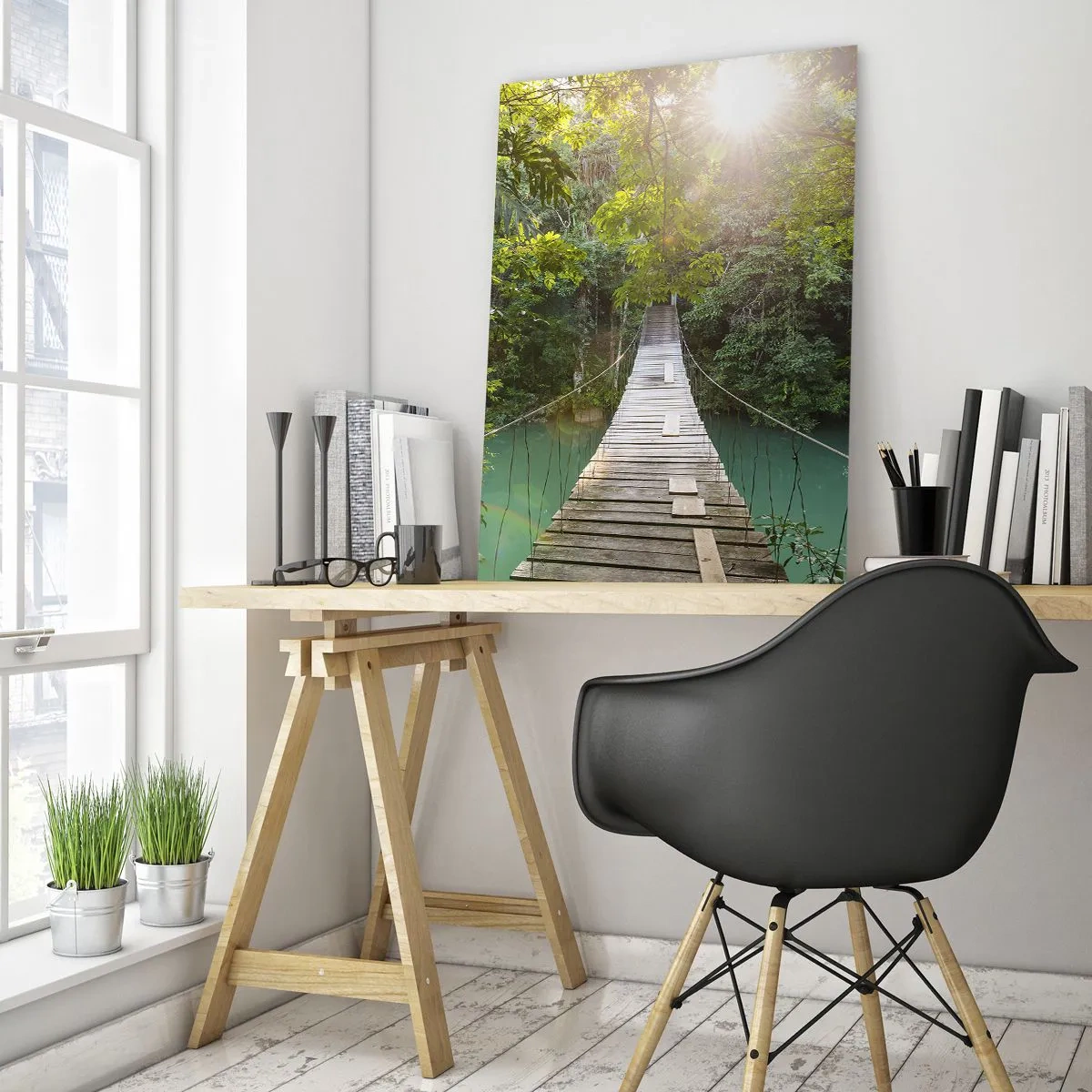 Cuadro sobre vidrio - Impresiones sobre Vidrio - Un puente colgante en un bosque tropical iluminado por la luz del sol. - 80x120cm - Sobre el agua azul hacia el bosque - Decoración de pared moderna para salón y dormitorio ARTTOR