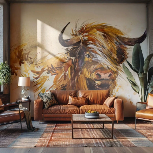 Fotomural Standard Eco - Pintura de acuarela de un toro escocés - 100x70cm - El orgullo del líder - Decoración de pared moderna para salón y dormitorio ARTTOR