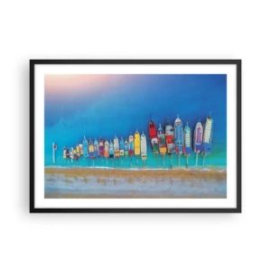 Póster en marco negro - Barcos coloridos alineados en fila en la orilla - 70x50cm - A vista de pájaro - Decoración de pared moderna para salón y dormitorio ARTTOR