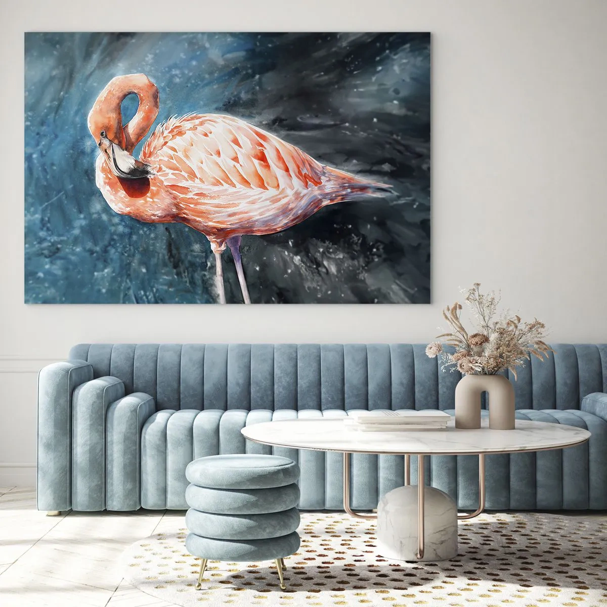 Cuadro sobre vidrio - Impresiones sobre Vidrio - Un flamenco rosado sobre un fondo de acuarela azul. - 70x50cm - Decorativo por naturaleza - Decoración de pared moderna para salón y dormitorio ARTTOR