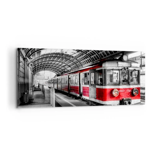 Cuadro sobre lienzo - Impresión de Imagen - Tren rojo en la estación bajo techo. - 120x50cm - ¿El viaje de su vida? - Decoración de pared moderna para salón y dormitorio ARTTOR