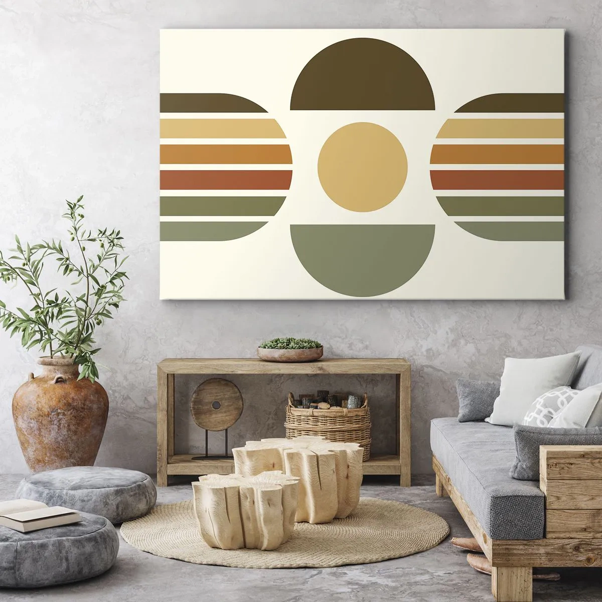 Cuadro sobre lienzo - Impresión de Imagen - Composición geométrica con semicírculos y rayas en tonos tierra. - 70x50cm - Los tonos de la tierra - Decoración de pared moderna para salón y dormitorio ARTTOR