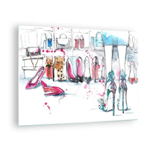 Cuadro sobre vidrio - Impresiones sobre Vidrio - Ilustración de elegantes tacones altos en una tienda. - 70x50cm - Ábrete, sésamo - Decoración de pared moderna para salón y dormitorio ARTTOR