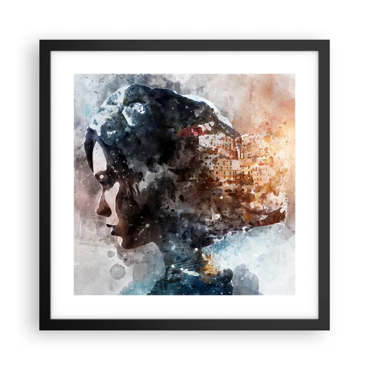Póster en marco negro - Una historia sobre una niña con una ciudad de fondo - 40x40 cm