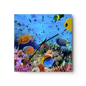 Reloj de pared - Reloj de vidrio - Arrecife de coral con peces de colores y una tortuga marina. - 30x30cm - Y qué sabemos de la vida... - Decoración de pared moderna para salón y dormitorio ARTTOR