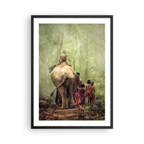 Póster en marco negro - Niños y un elefante en la selva tropical. - 50x70cm - El nuevo libro de la selva - Decoración de pared moderna para salón y dormitorio ARTTOR