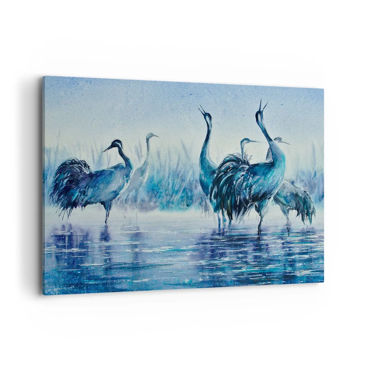 Cuadro sobre lienzo - Impresión de Imagen - Grúas sobre un fondo de niebla y agua en tonos azules. - 100x70cm - Reunión matinal - Decoración de pared moderna para salón y dormitorio ARTTOR