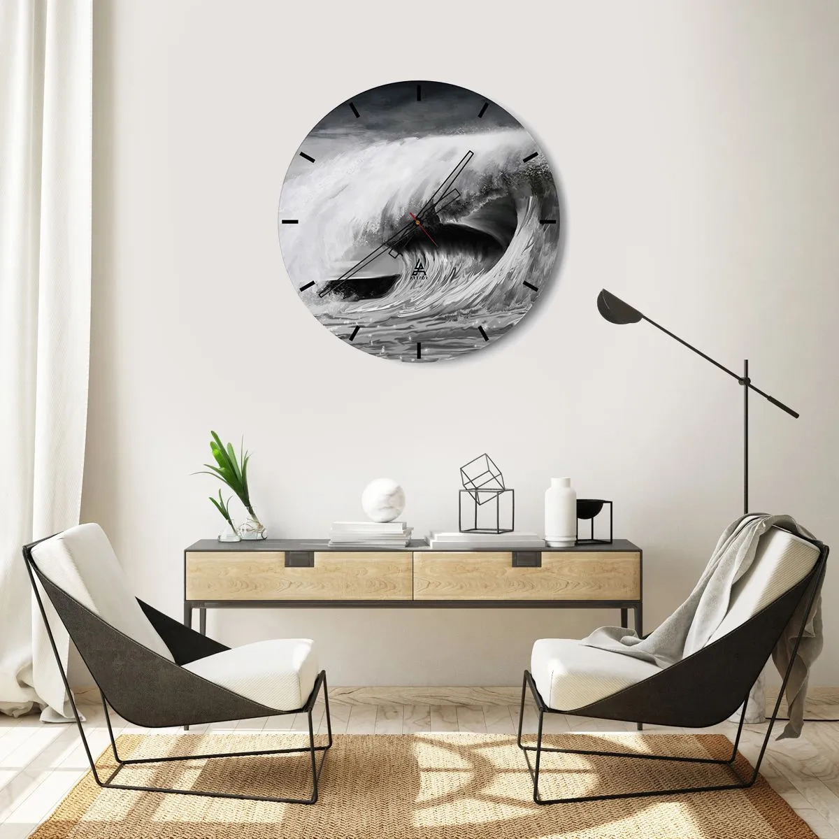 Reloj de pared - Reloj de vidrio - Una ola dinámica en tonos blanco y negro. - 30x30cm - La ira del océano - Decoración de pared moderna para salón, cocina y dormitorio ARTTOR