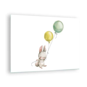 Cuadro sobre vidrio - Impresiones sobre Vidrio - Un conejito sosteniendo dos globos. - 70x50cm - ¡Yo también volaré! - Decoración de pared moderna para salón y dormitorio ARTTOR