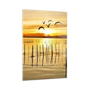 Cuadro sobre vidrio - Impresiones sobre Vidrio - Puesta de sol sobre un lago con pájaros y redes de pesca. - 50x70cm - Horizonte naranja - Decoración de pared moderna para salón y dormitorio ARTTOR