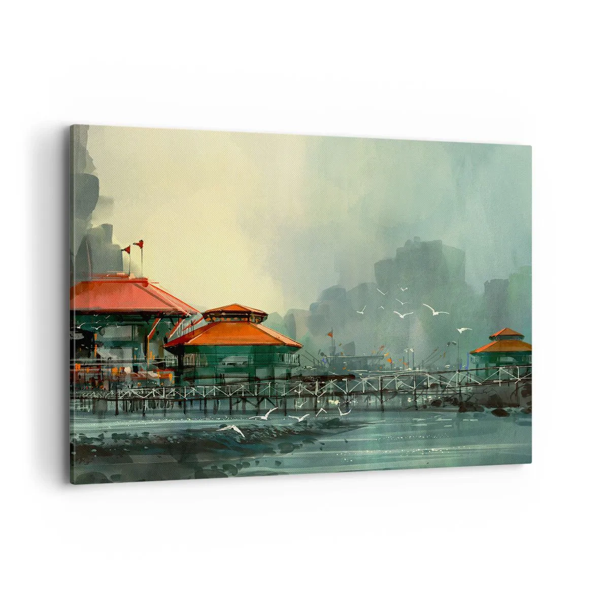 Cuadro sobre lienzo - Impresión de Imagen - Edificios portuarios en un paisaje lluvioso con gaviotas - 100x70cm - Un día soleado en el puerto - Decoración de pared moderna para salón y dormitorio ARTTOR