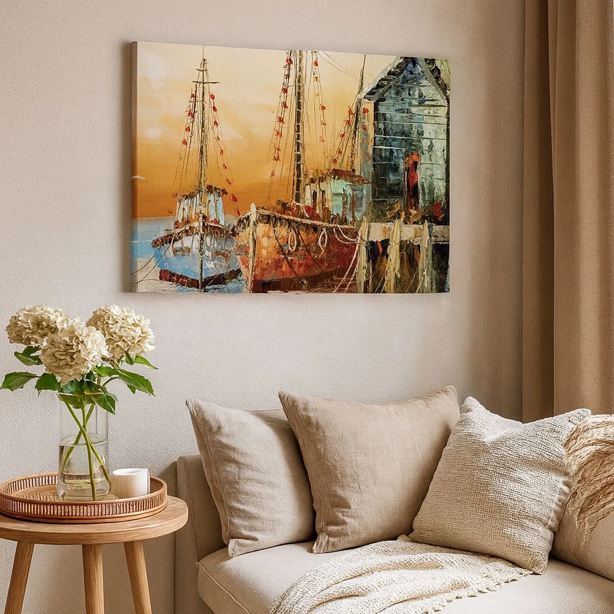 Cuadro sobre lienzo - Impresión de Imagen - Barcos en la orilla bajo la cálida luz del atardecer. - 70x50cm - Regreso pacífico - Decoración de pared moderna para salón y dormitorio ARTTOR