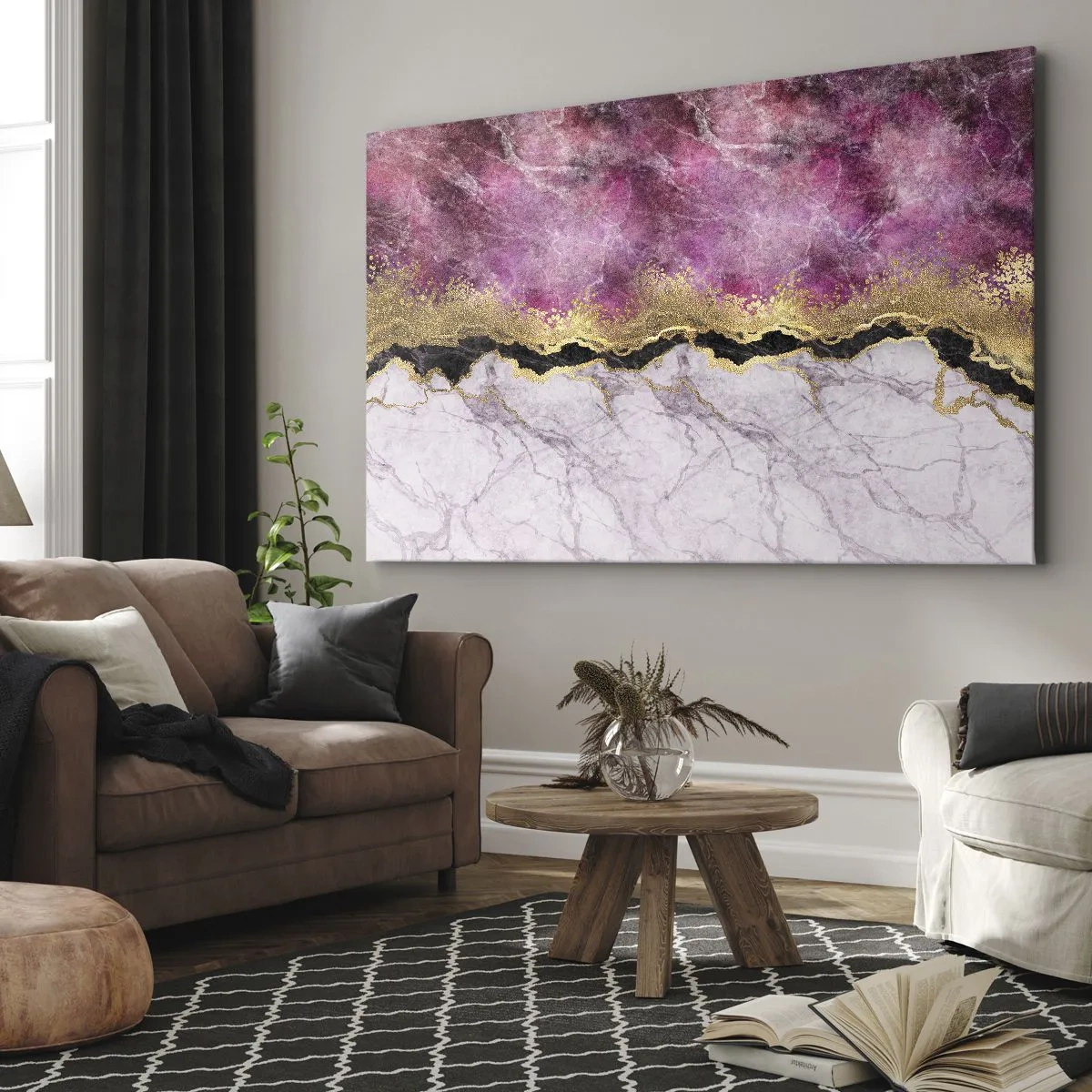Cuadro sobre lienzo - Impresión de Imagen - Mármol abstracto en tonos rosa con acentos dorados. - 100x70cm - En la frontera - Decoración de pared moderna para salón y dormitorio ARTTOR