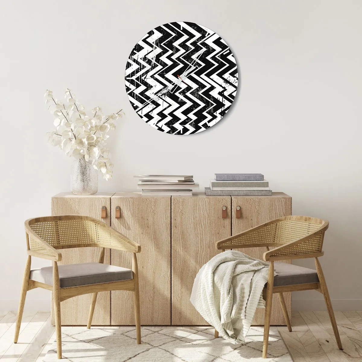 Reloj de pared - Reloj de vidrio - Patrón en zigzag en blanco y negro con un efecto artístico desgastado. - 30x30cm - Zig-blanco, zag-negro - Decoración de pared moderna para salón, cocina y dormitorio ARTTOR