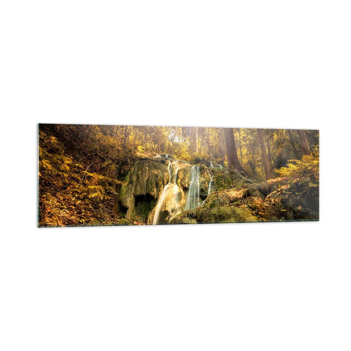 Cuadro sobre vidrio - Impresiones sobre Vidrio - Una cascada forestal bajo los rayos del sol, rodeada de vegetación. - 160x50cm - Cascada forestal en verde - Decoración de pared moderna para salón y dormitorio ARTTOR