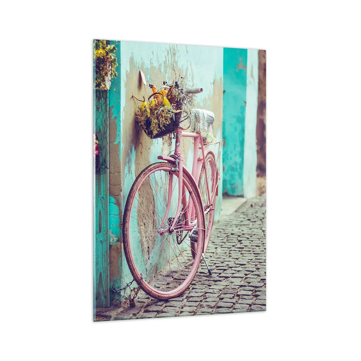 Cuadro sobre vidrio - Impresiones sobre Vidrio - Una bicicleta rosa junto a una puerta turquesa. - 70x100cm - Ahora mismo vuelvo - Decoración de pared moderna para salón y dormitorio ARTTOR